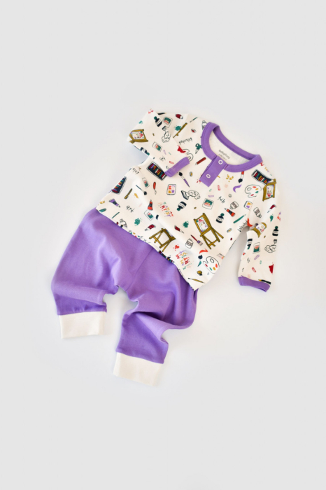 Set bluzita cu maneca lunga si nasturei si pantaloni lungi, 100% bumbac organic, BabyCosy, Mov [2]