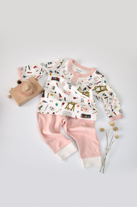 Set bluzita cu maneca lunga si nasturei si pantaloni lungi, 100% bumbac organic, BabyCosy, Pudra [2]