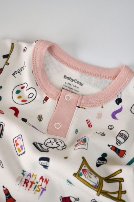 Set bluzita cu maneca lunga si nasturei si pantaloni lungi, 100% bumbac organic, BabyCosy, Pudra [4]