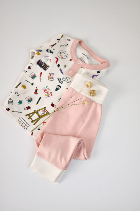 Set bluzita cu maneca lunga si nasturei si pantaloni lungi, 100% bumbac organic, BabyCosy, Pudra [3]