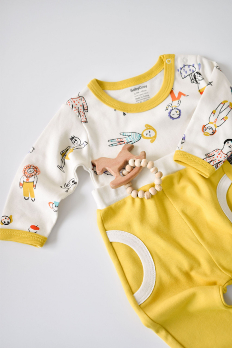 Set bluzita cu maneca lunga si pantaloni lungi, 100% bumbac organic, BabyCosy, Galben [2]