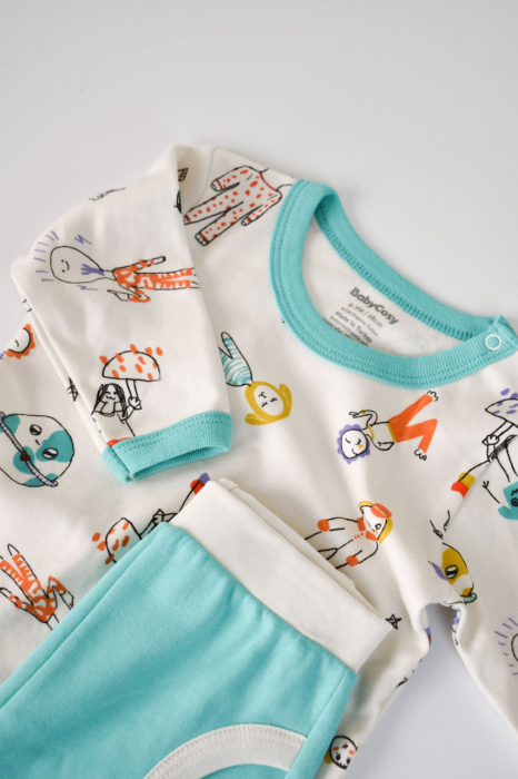 Set bluzita cu maneca lunga si pantaloni lungi, 100% bumbac organic, BabyCosy, Verde [2]