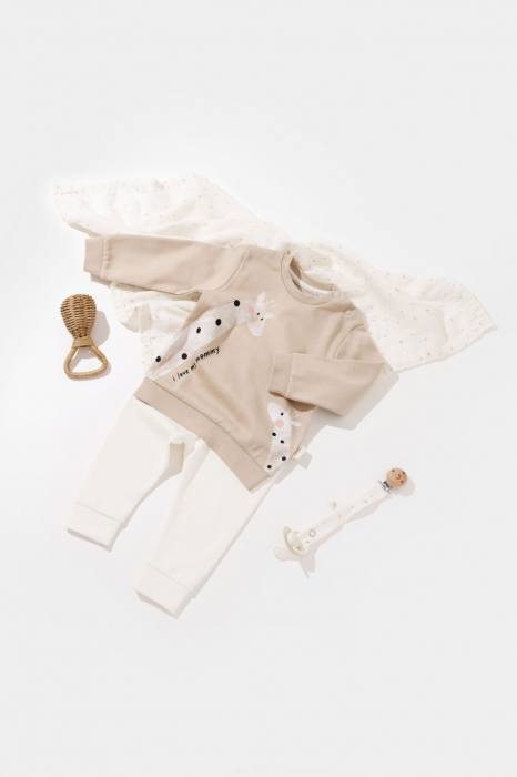 Set bluzita cu maneca lunga si pantaloni lungi cu buline Girafa, BabyCosy, 100% bumbac organic, Mink [2]