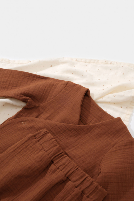 Set bluzita petrecuta si pantaloni lungi din muselina, BabyCosy, 100% bumbac organic, Caramiziu [5]