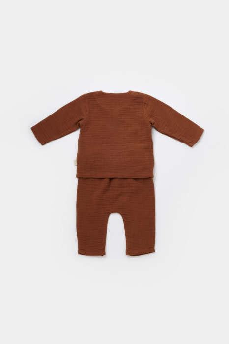 Set bluzita petrecuta si pantaloni lungi din muselina, BabyCosy, 100% bumbac organic, Caramiziu [3]
