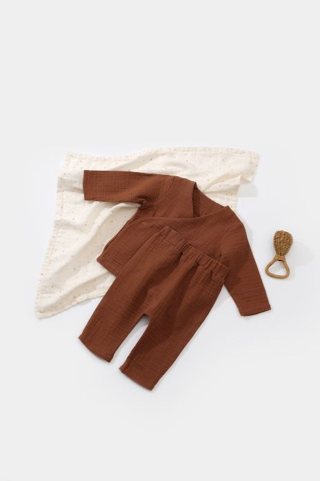 Set bluzita petrecuta si pantaloni lungi din muselina, BabyCosy, 100% bumbac organic, Caramiziu [2]