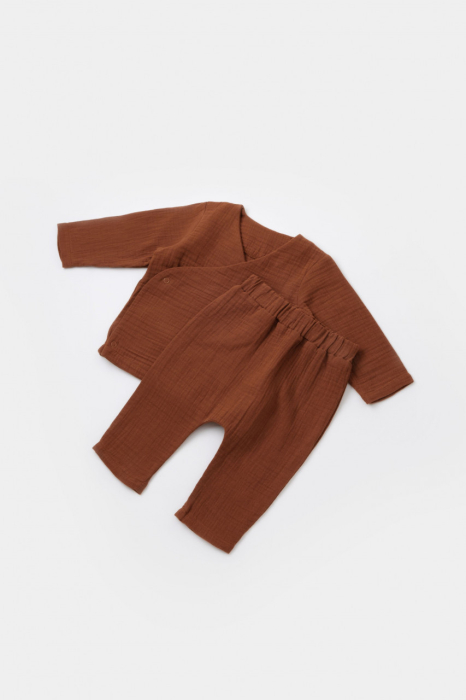 Set bluzita petrecuta si pantaloni lungi din muselina, BabyCosy, 100% bumbac organic, Caramiziu [4]
