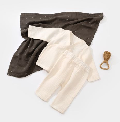 Set bluzita petrecuta si pantaloni lungi din muselina, BabyCosy, 100% bumbac organic, Ecru [2]