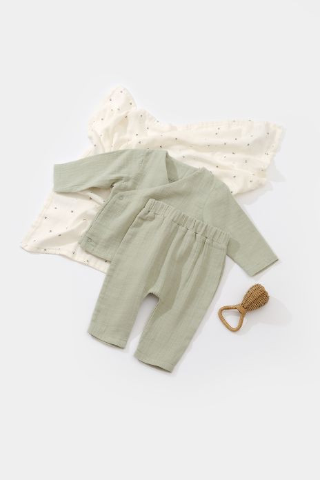 Set bluzita petrecuta si pantaloni lungi din muselina, BabyCosy, 100% bumbac organic, Verde [2]