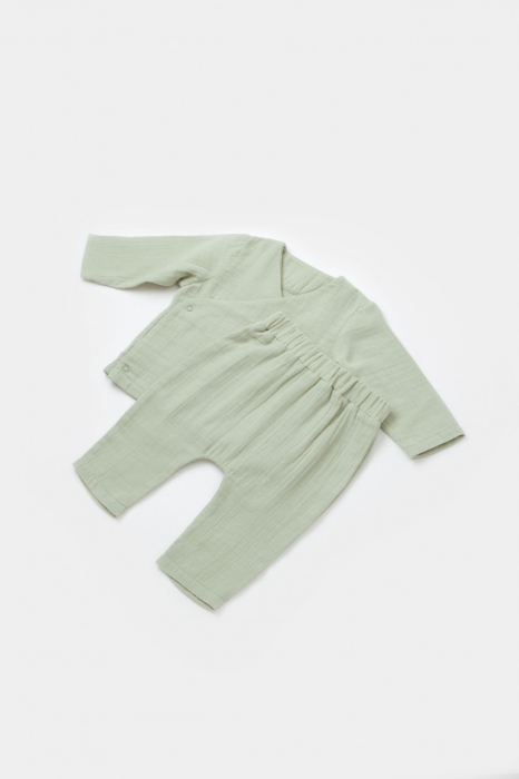 Set bluzita petrecuta si pantaloni lungi din muselina, BabyCosy, 100% bumbac organic, Verde [5]