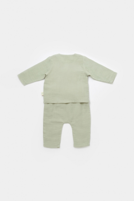Set bluzita petrecuta si pantaloni lungi din muselina, BabyCosy, 100% bumbac organic, Verde [4]
