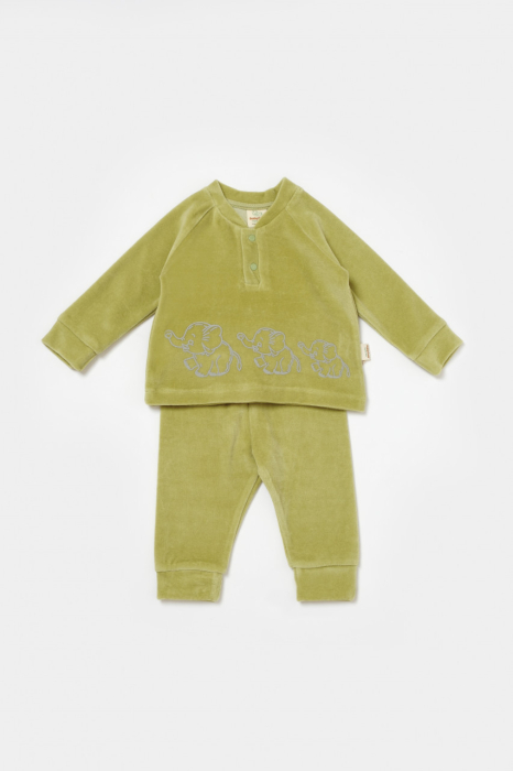 Set bluzita si pantaloni Elefant, 80%bumbac organic si 20% poliester - Verde, BabyCosy [2]