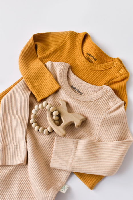 Set de 2 body-uri cu maneca lunga din bumbac organic si modal - Mustar/Somon BabyCosy [4]