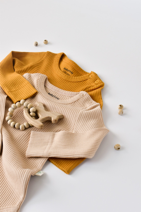 Set de 2 body-uri cu maneca lunga din bumbac organic si modal - Mustar/Somon BabyCosy [2]