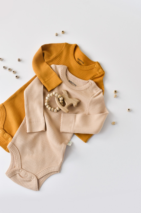 Set de 2 body-uri cu maneca lunga din bumbac organic si modal - Mustar/Somon BabyCosy [3]