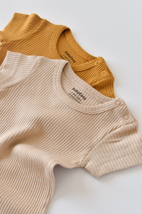 Set de 2 body-uri cu maneca scurta din bumbac organic si modal - Mustar/ Somon BabyCosy [3]