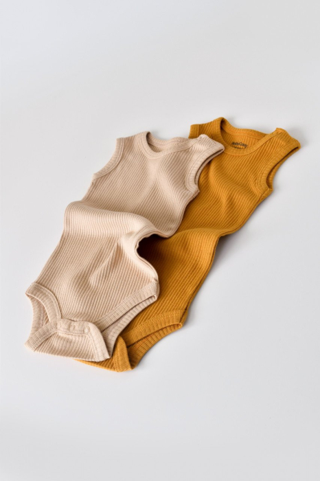 Set de 2 body-uri fara maneci din bumbac organic si modal - Mustar/Somon BabyCosy [2]
