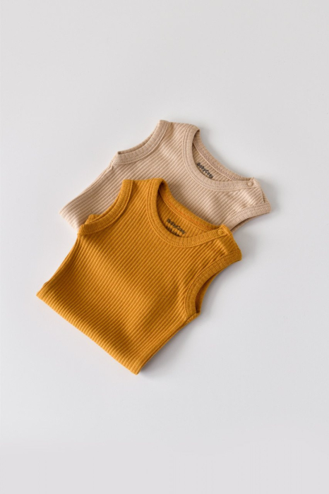 Set de 2 body-uri fara maneci din bumbac organic si modal - Mustar/Somon BabyCosy [6]