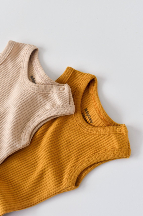 Set de 2 body-uri fara maneci din bumbac organic si modal - Mustar/Somon BabyCosy [3]