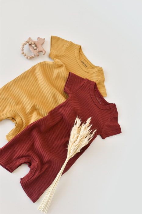 Set de 2 salopetele cu maneca scurta din bumbac organic si modal - Caramiziu/ Sofran BabyCosy [2]
