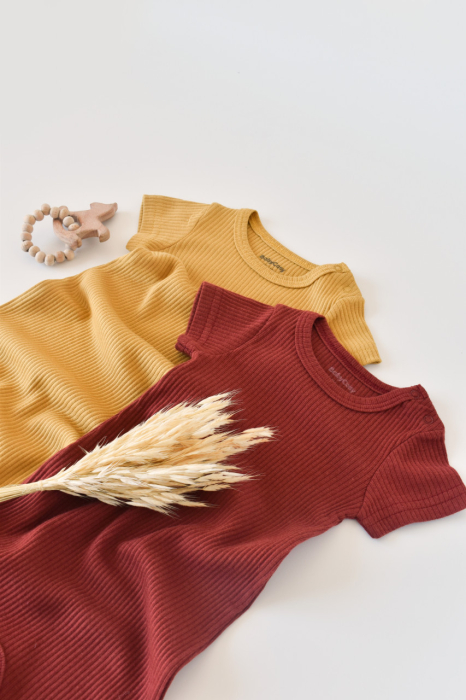 Set de 2 salopetele cu maneca scurta din bumbac organic si modal - Caramiziu/ Sofran BabyCosy [5]