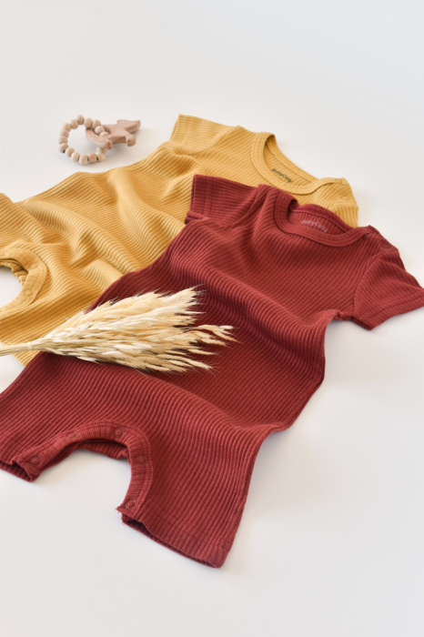 Set de 2 salopetele cu maneca scurta din bumbac organic si modal - Caramiziu/ Sofran BabyCosy [4]