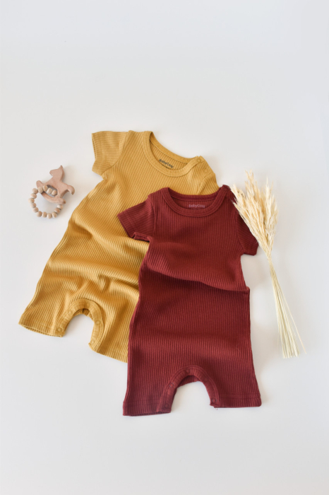 Set de 2 salopetele cu maneca scurta din bumbac organic si modal - Caramiziu/ Sofran BabyCosy [3]