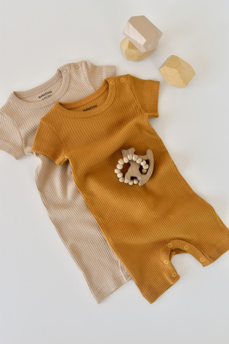 Set de 2 salopetele cu maneca scurta din bumbac organic si modal - Mustar/ Somon BabyCosy [2]