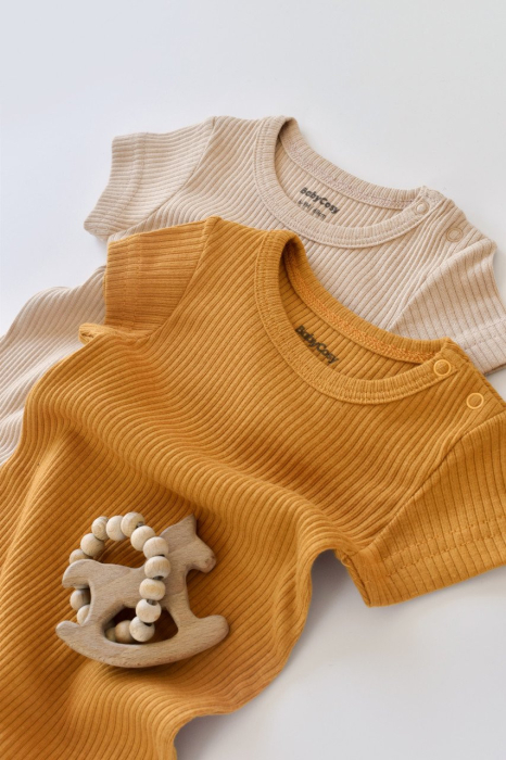 Set de 2 salopetele cu maneca scurta din bumbac organic si modal - Mustar/ Somon BabyCosy [4]