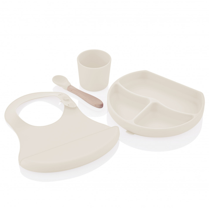 Set diversificare 4 piese din silicon BabyJem: bavetica, farfurie, lingurita si pahar (Culoare: Latte) [4]