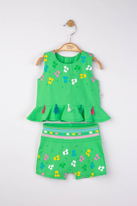 Set elegant bluzita de vara cu pantalonasi pentru fetite Ciucurasi, Tongs baby - Verde [3]