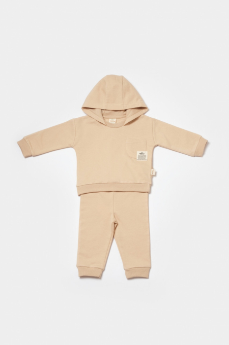 Set hanorac cu gluga si pantaloni, Two thread, 100%bumbac organic - Stone, BabyCosy [3]