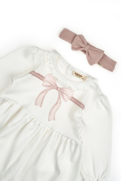 Set rochita cu bentita, Bow, BabyCosy, 100%bumbac organic, Powder [4]
