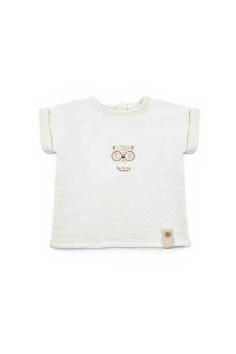 Set tricou ecru cu pantaloni scurti TeddyBear, 100% bumbac organic, BabyCosy [3]
