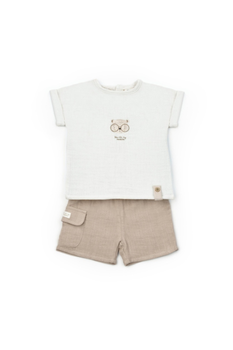 Set tricou ecru cu pantaloni scurti TeddyBear, 100% bumbac organic, BabyCosy [2]