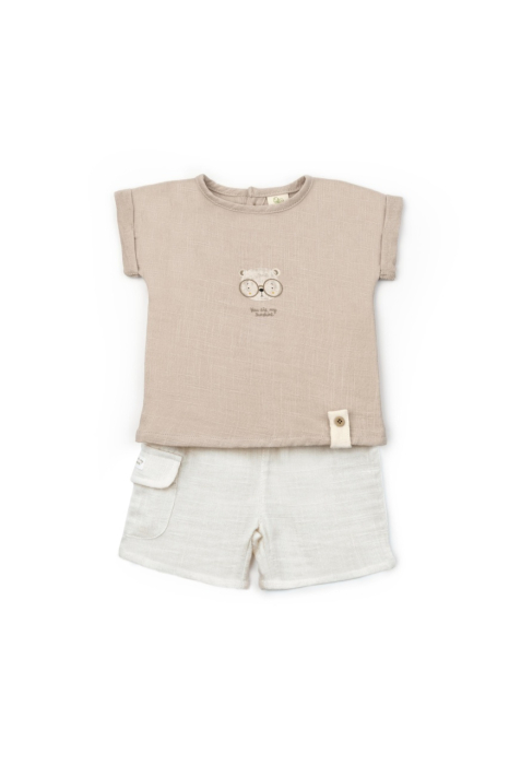 Set tricou maro cu pantaloni scurti TeddyBear, 100% bumbac organic, BabyCosy [3]