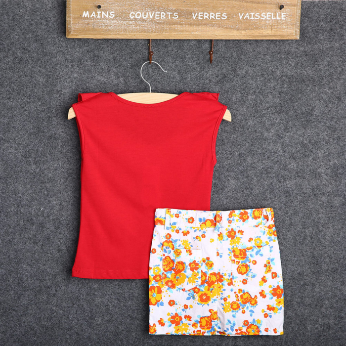 Set tricou rosu cu volanas si fusta cu floricele Drool [3]