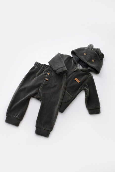 Set Ursulet cu bluzita cu fermoar si gluga si pantaloni lungi din 80%bumbac organic si 20% poliester - Antracit, BabyCosy [2]