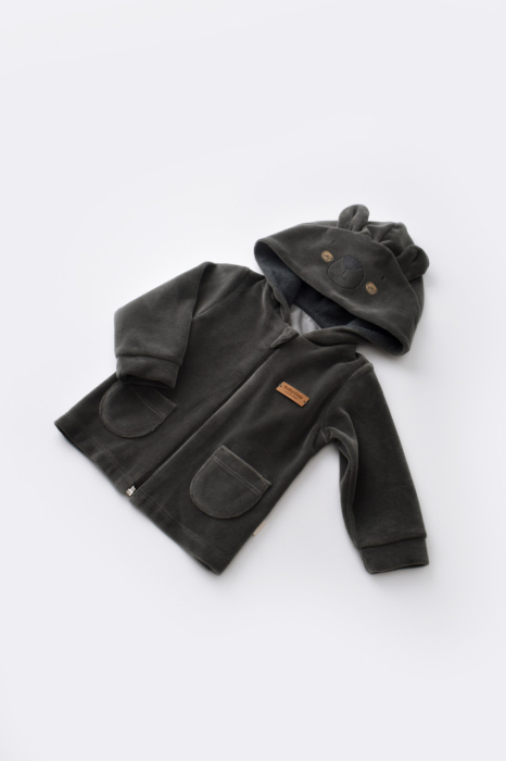 Set Ursulet cu bluzita cu fermoar si gluga si pantaloni lungi din 80%bumbac organic si 20% poliester - Antracit, BabyCosy [3]
