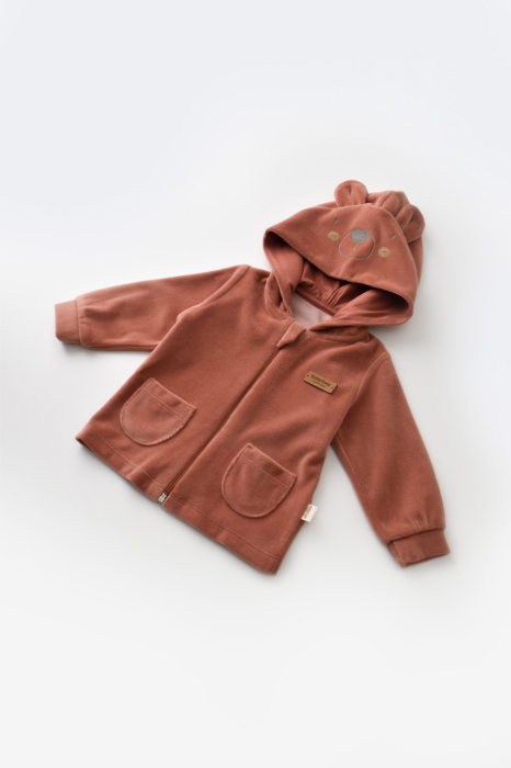 Set Ursulet cu bluzita cu fermoar si gluga si pantaloni lungi din 80%bumbac organic si 20% poliester - Caramiziu, BabyCosy [3]