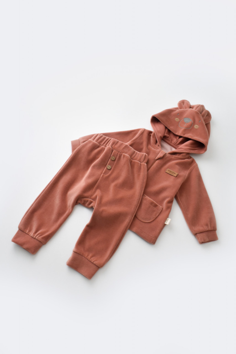 Set Ursulet cu bluzita cu fermoar si gluga si pantaloni lungi din 80%bumbac organic si 20% poliester - Caramiziu, BabyCosy [2]