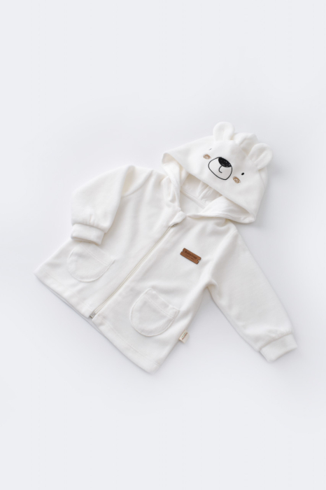 Set Ursulet cu bluzita cu fermoar si gluga si pantaloni lungi din 80%bumbac organic si 20% poliester - Ecru, BabyCosy [3]