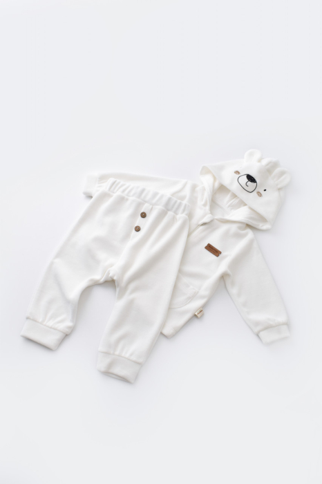 Set Ursulet cu bluzita cu fermoar si gluga si pantaloni lungi din 80%bumbac organic si 20% poliester - Ecru, BabyCosy [2]