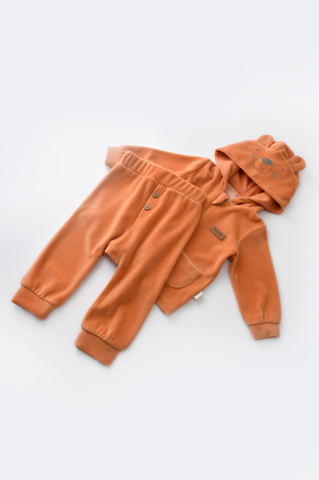 Set Ursulet cu bluzita cu fermoar si gluga si pantaloni lungi din 80%bumbac organic si 20% poliester - Portocaliu, BabyCosy [2]