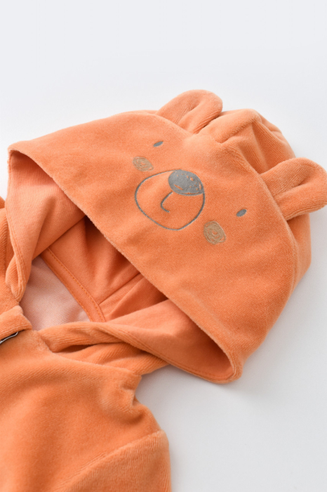 Set Ursulet cu bluzita cu fermoar si gluga si pantaloni lungi din 80%bumbac organic si 20% poliester - Portocaliu, BabyCosy [5]