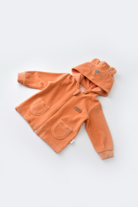 Set Ursulet cu bluzita cu fermoar si gluga si pantaloni lungi din 80%bumbac organic si 20% poliester - Portocaliu, BabyCosy [3]