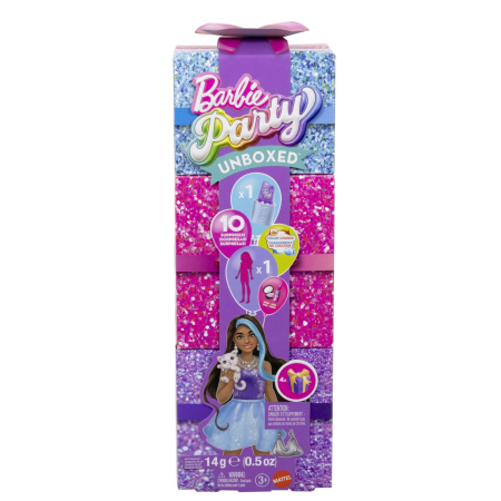 Papusi si accesorii - BARBIE SET PARTY UNBOXED REVEAL PAPUSA BARBIE VIOLET CU 10 ACCESORII SURPRIZA