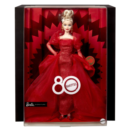Papusi si accesorii - BARBIE SIGNATURE ANIVERSARE 80 DE ANI PAPUSA BARBIE BLONDA CU ROCHIE DE BAL ROSIE