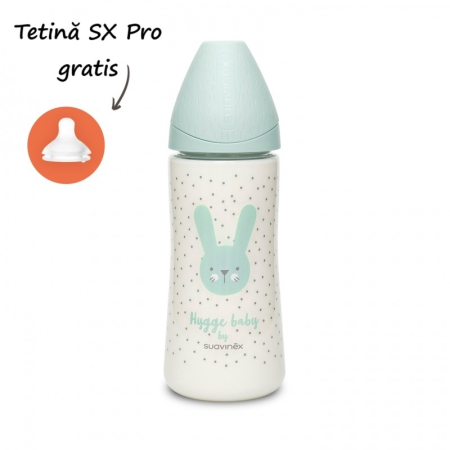 Accesorii hrănire bebeluși - Biberon 360 ml cu tetină rotundă din silicon, debit dens, iepuraș verde Hygge Suavinex