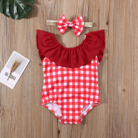 Costume de baie copii - Costum de baie cu patratele rosii si bentita Drool